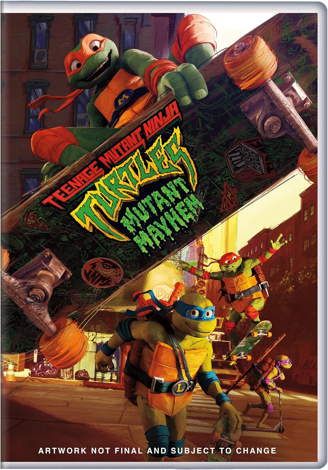 DVD cover for "Teenage Mutant Ninja Turtles: Mutant Mayhem" featuring the four turtles.