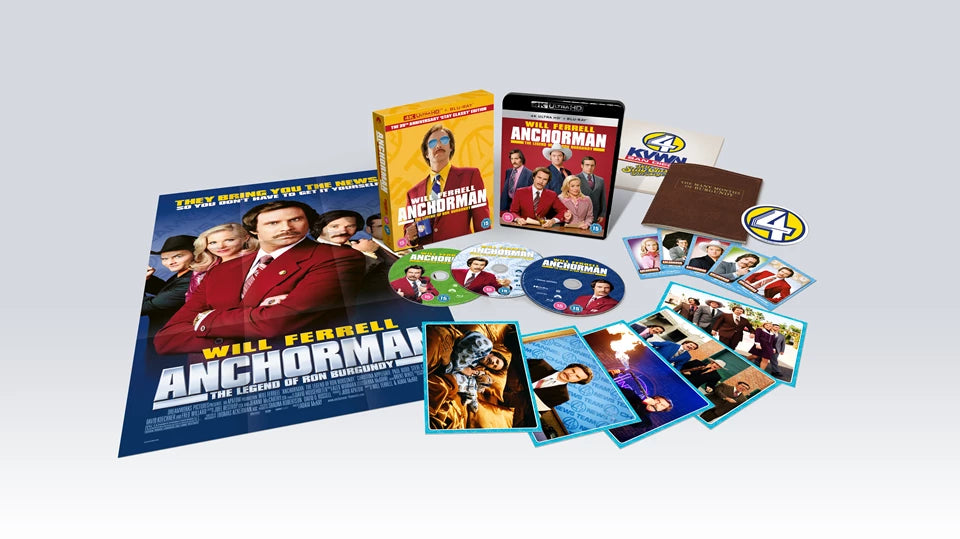 Anchorman" 20th Anniversary Blu-ray box set with film cover and bonus items.