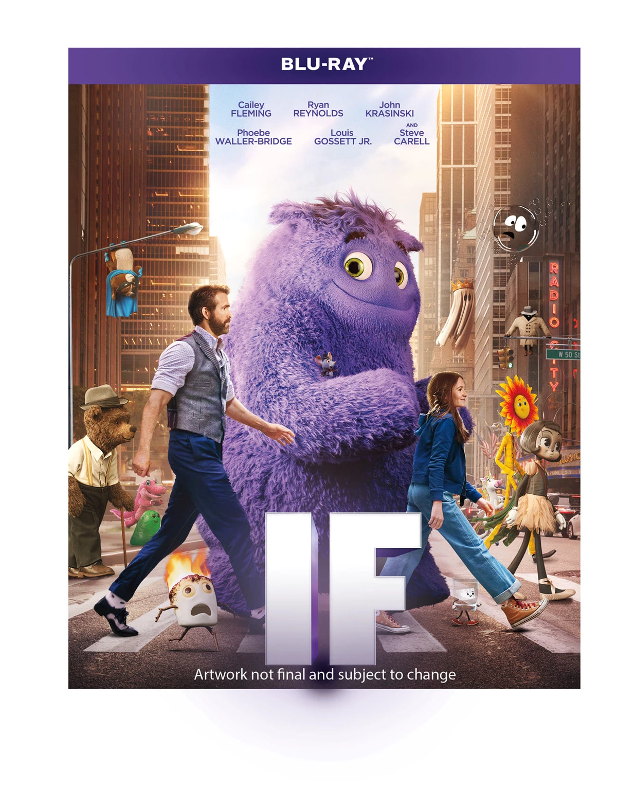 Movie poster for "I.F." featuring a man and colorful imaginary friends.