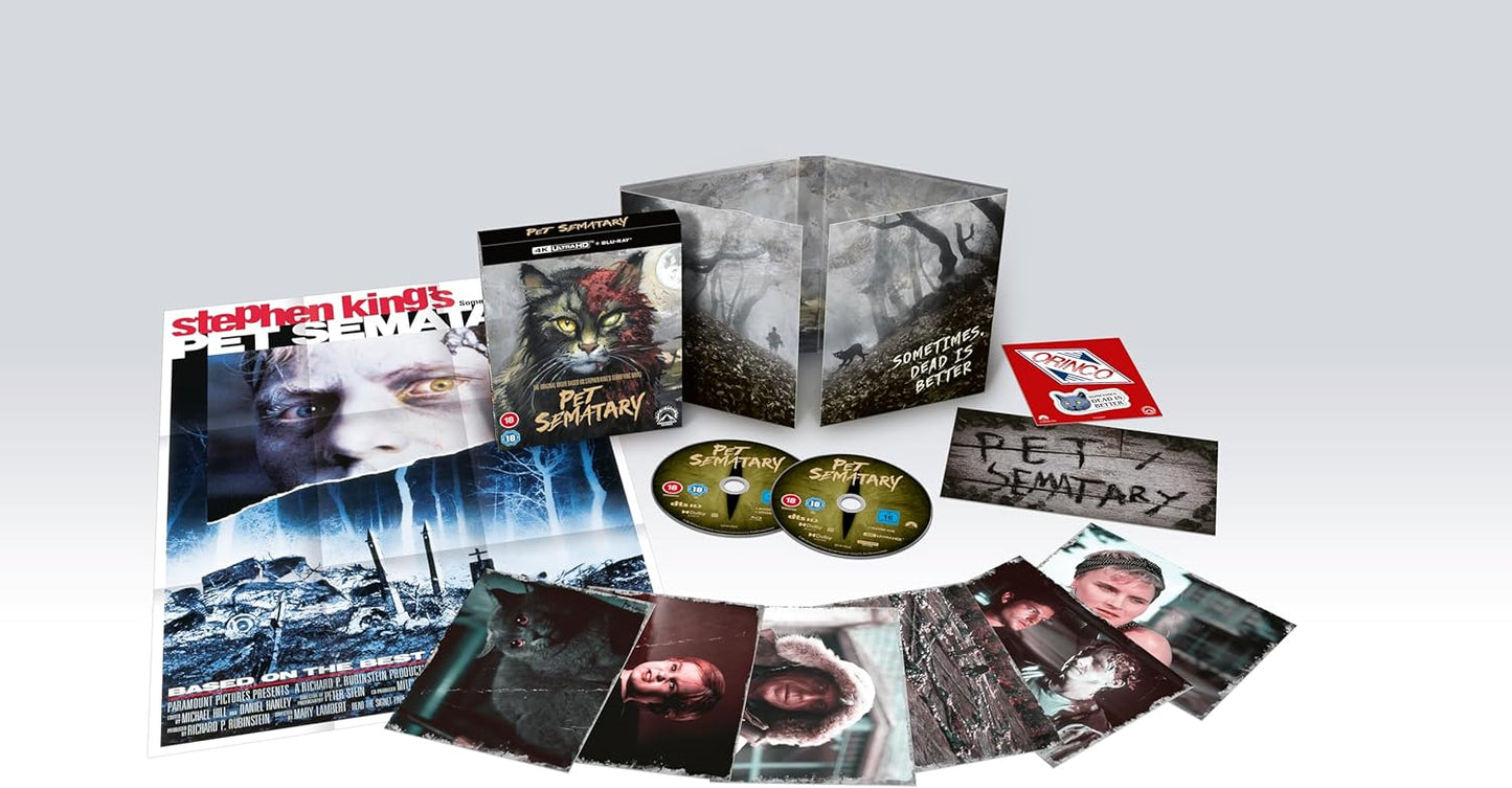 Pet Sematary 35th Anniversary collector's edition with discs, poster, art cards, and packaging.