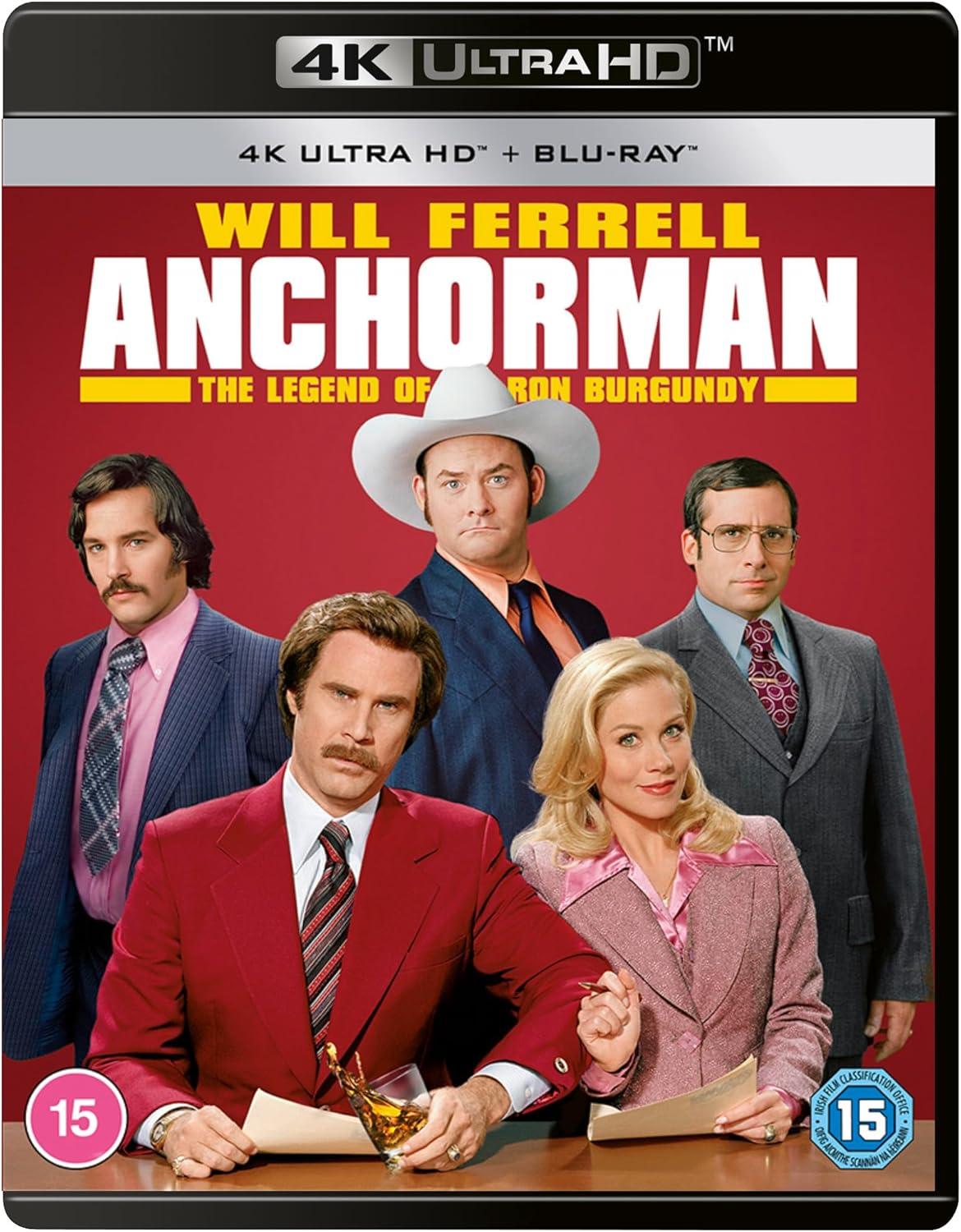 “Anchorman” movie cover featuring Will Ferrell and cast in 4K UHD.