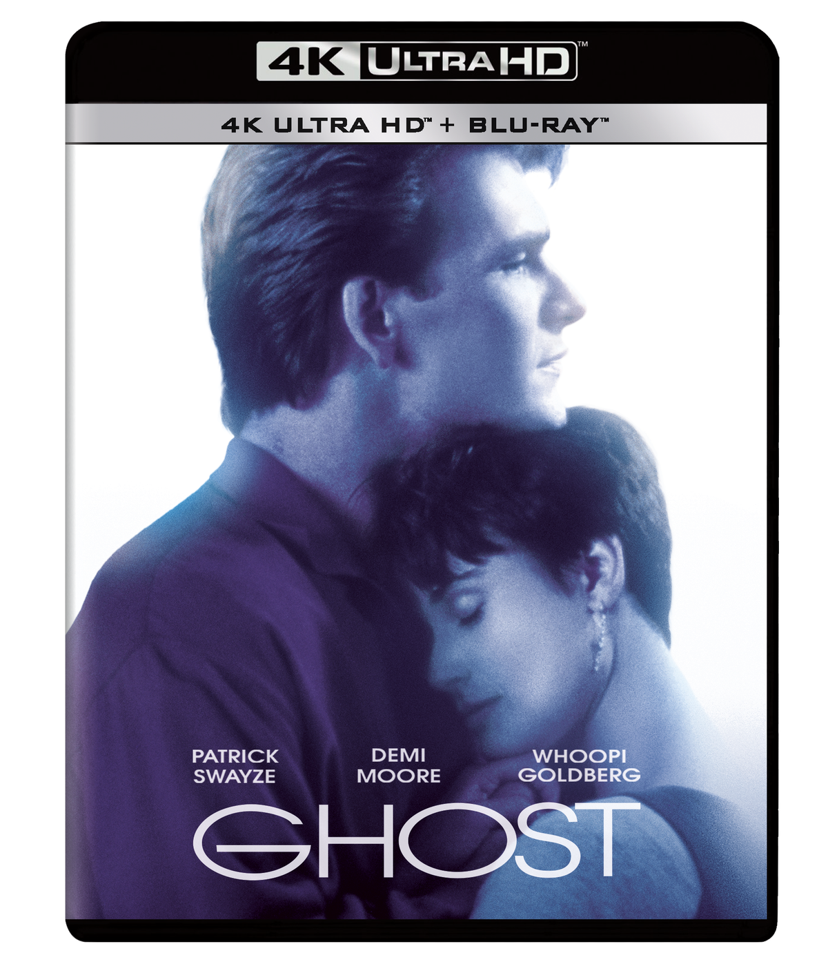 “Ghost” UHD Blu-ray cover featuring Patrick Swayze and Demi Moore in blue tones.