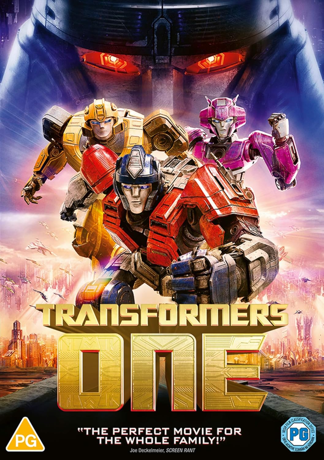 Transformers One DVD cover featuring robot characters against a city backdrop.