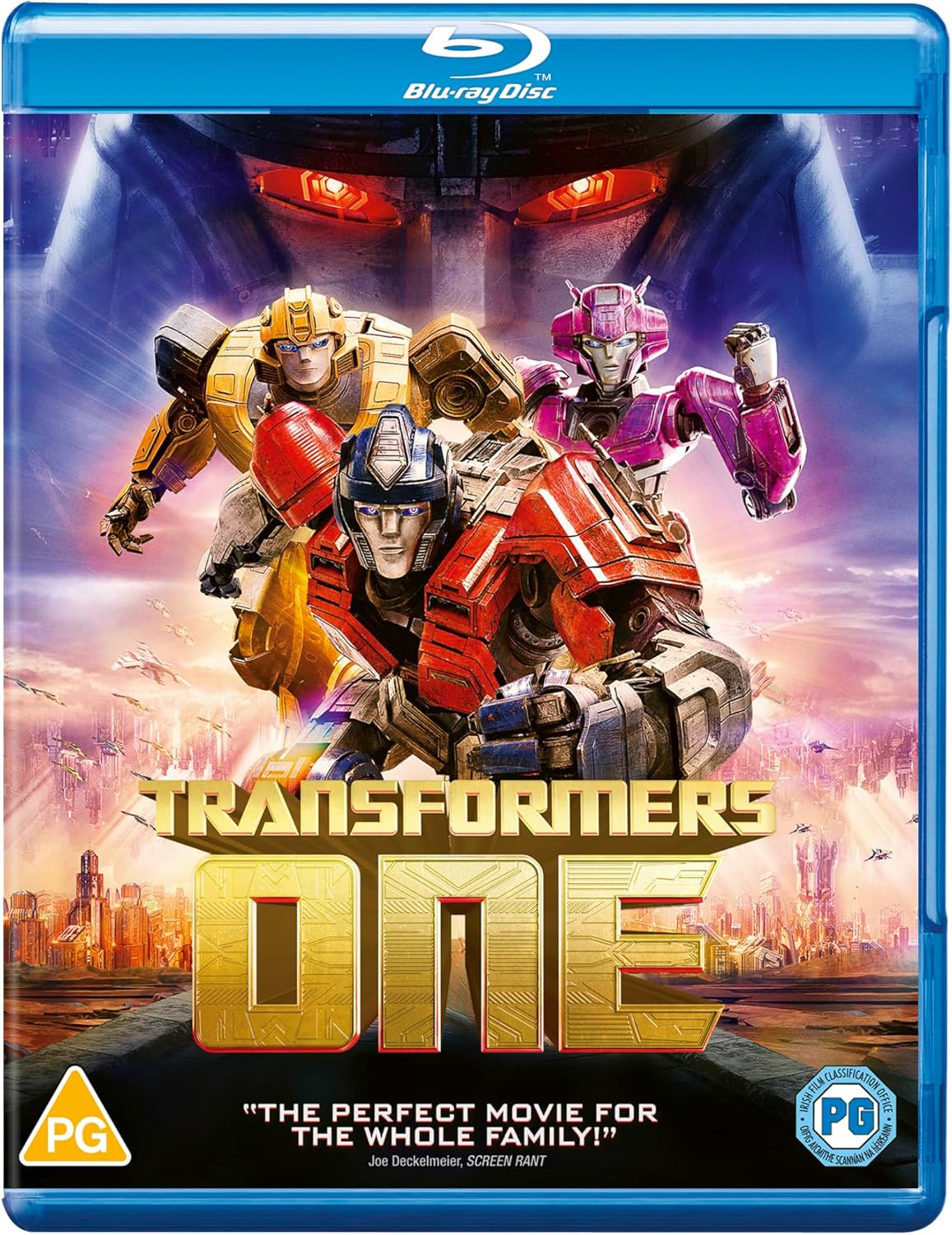 Transformers One Blu-ray cover featuring Optimus Prime, Megatron, and other robots.