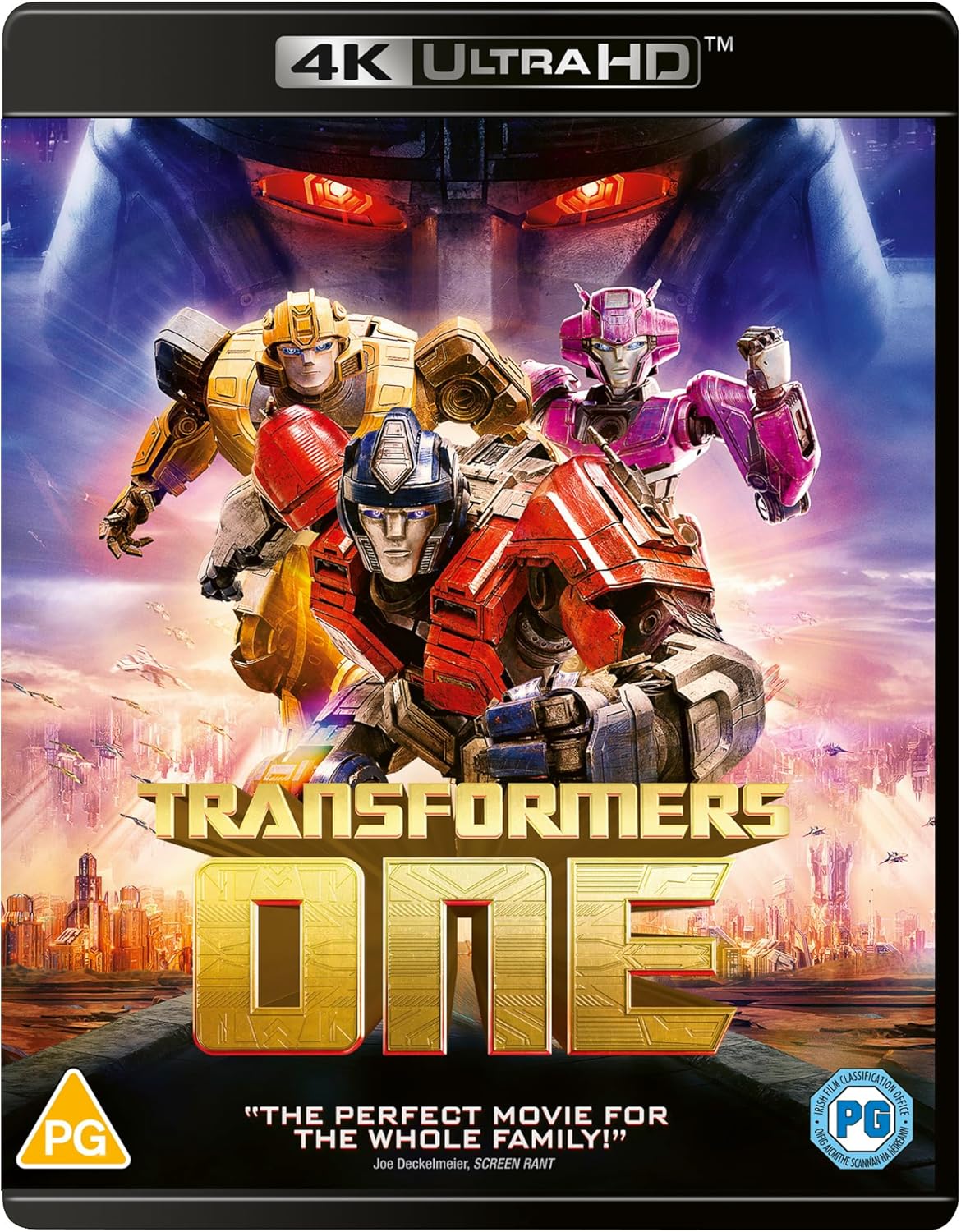 Transformers One Blu-ray cover featuring Optimus Prime, Megatron, and 4K UHD logo.