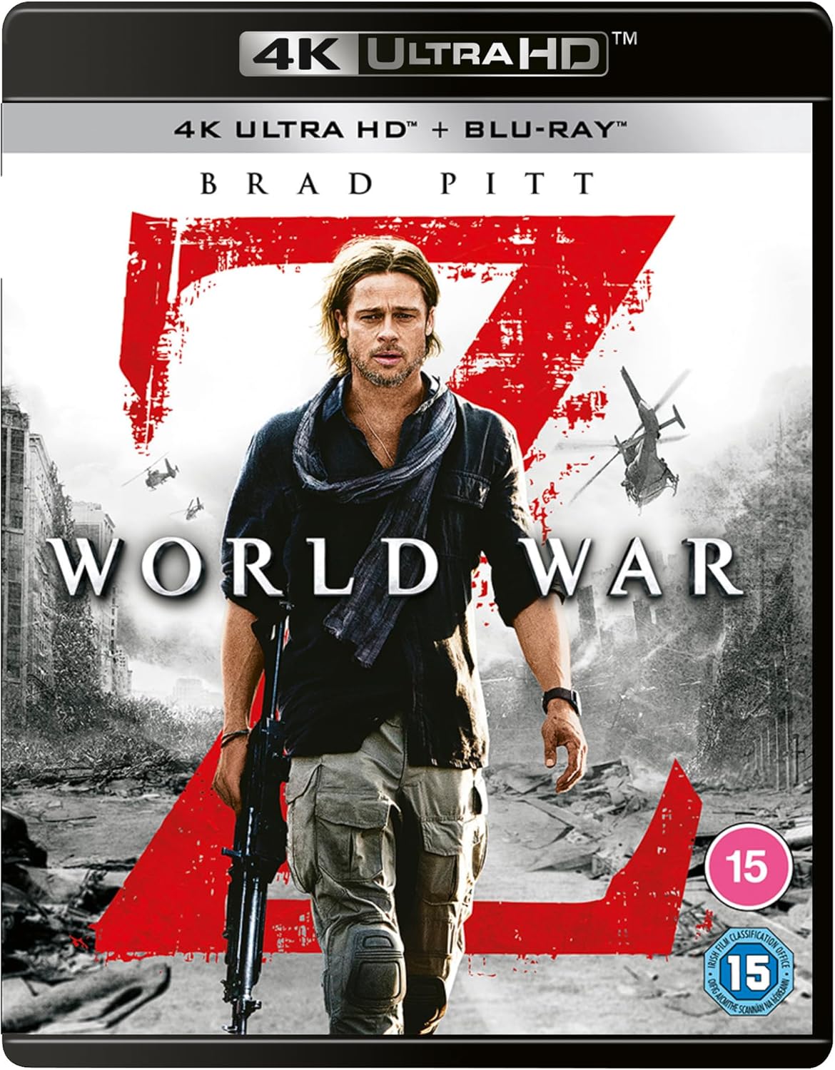 World War Z" Blu-ray cover featuring Brad Pitt amidst a disaster scene.