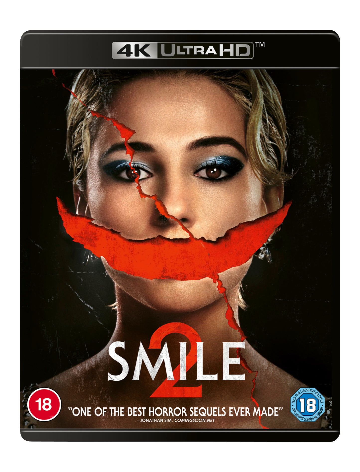 Blu-ray cover for horror film "Smile 2" featuring a distressed face.
