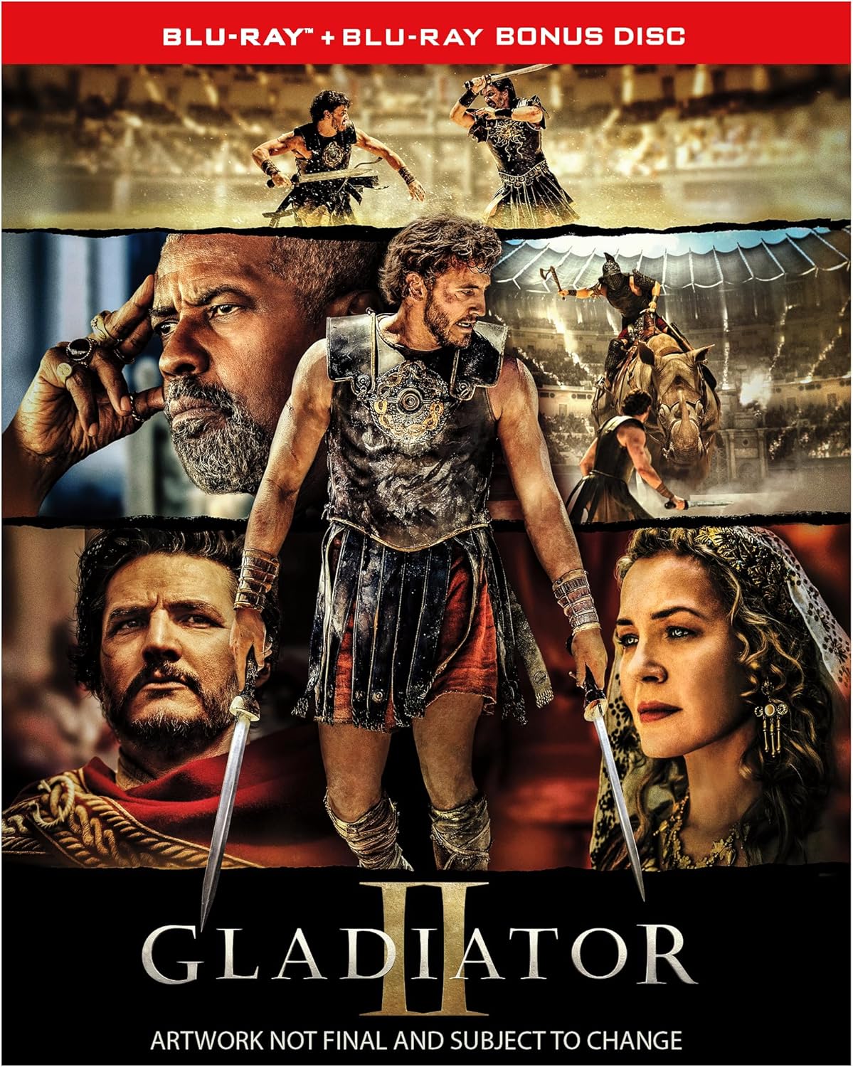 Gladiator II Blu-ray cover featuring Russell Crowe and battle scenes.