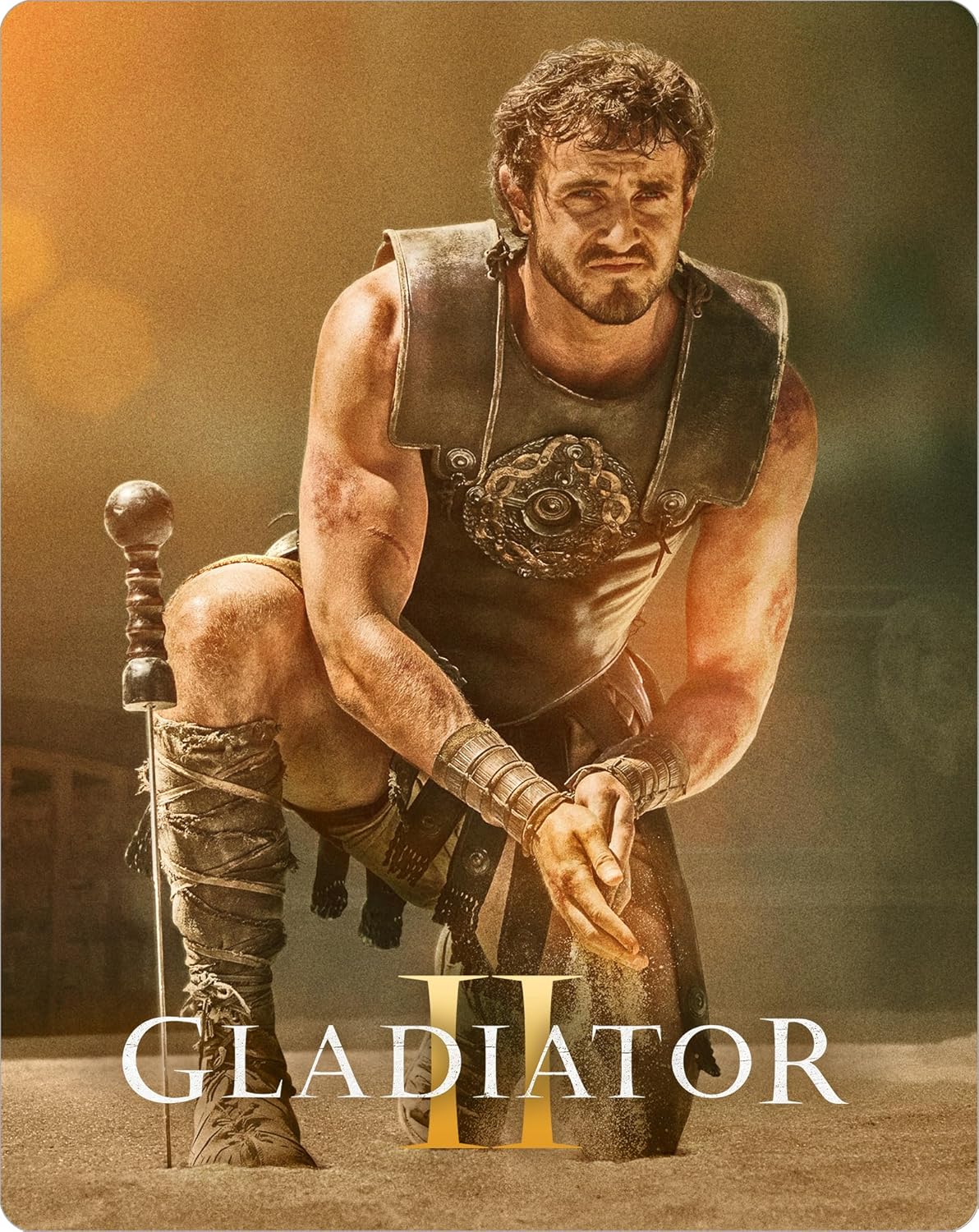 A muscular gladiator in leather armor kneeling in a sandy arena.