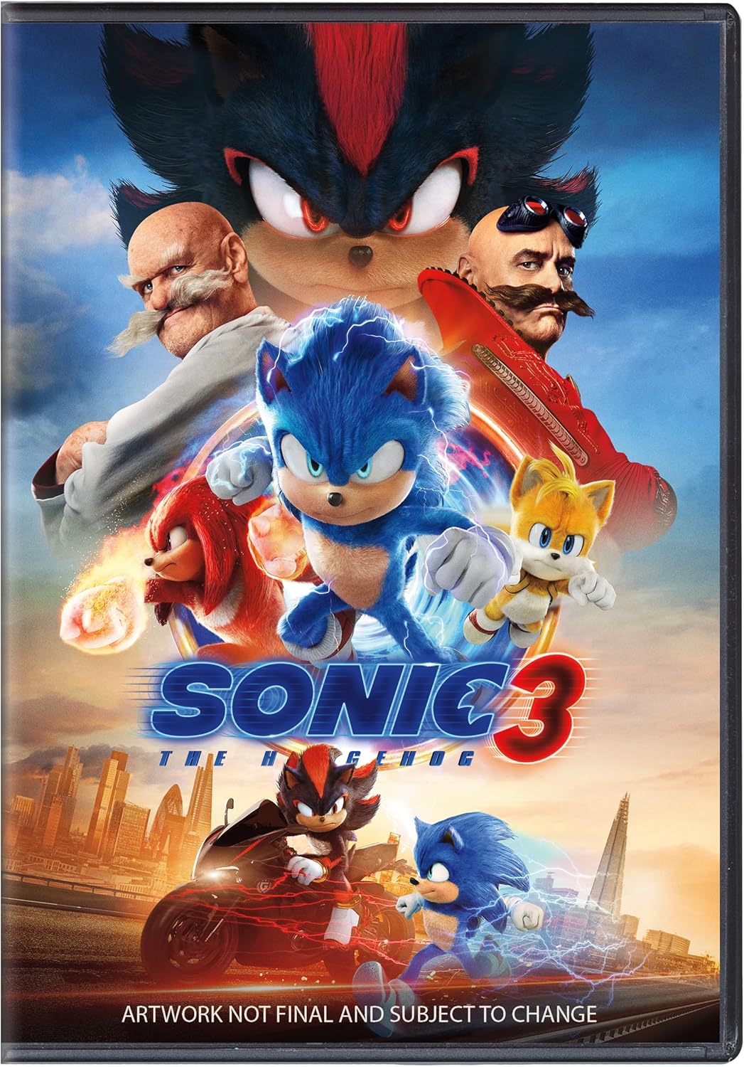 Sonic the Hedgehog 3 DVD cover featuring Sonic, Shadow, Tails, and Dr. Eggman.