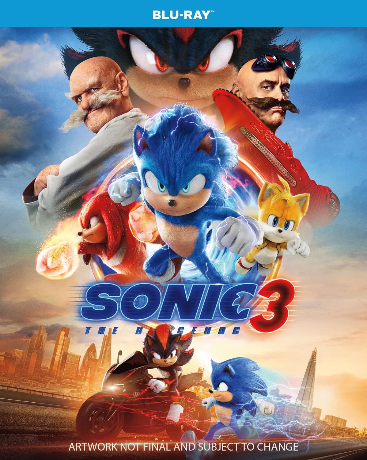 Sonic the Hedgehog 3 Blu-ray cover featuring Sonic, Knuckles, and Tails.
