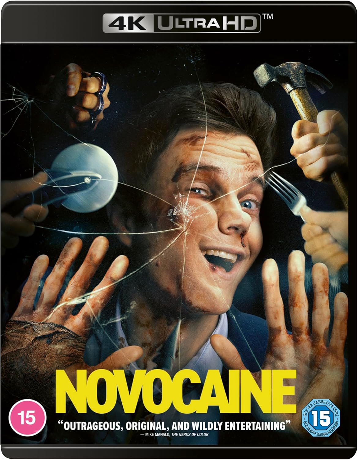 Blu-ray cover for "Novocaine" featuring a man with a cracked face and tools.