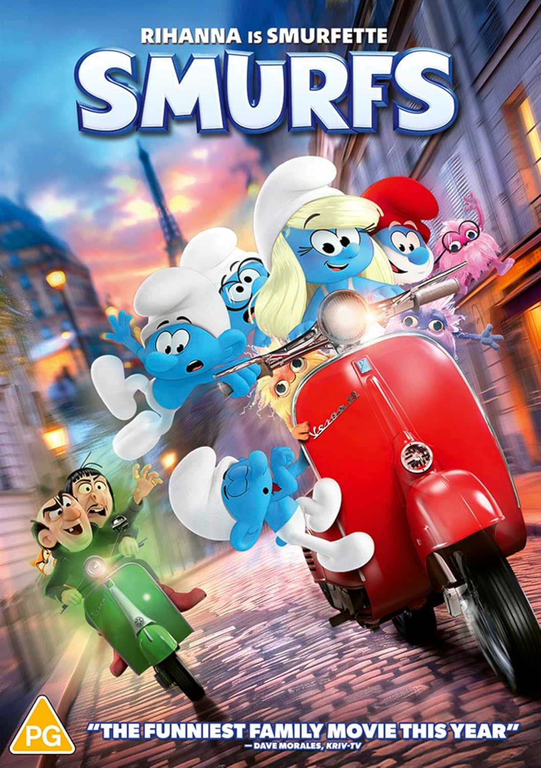 DVD cover for "Smurfs" (2025) featuring Smurfette and other Smurfs on scooters.