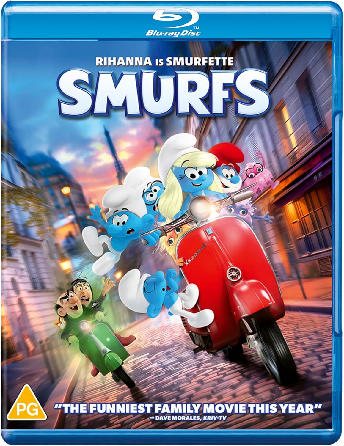 Blu-ray cover for "Smurfs" (2025) featuring Smurfette riding a red scooter.