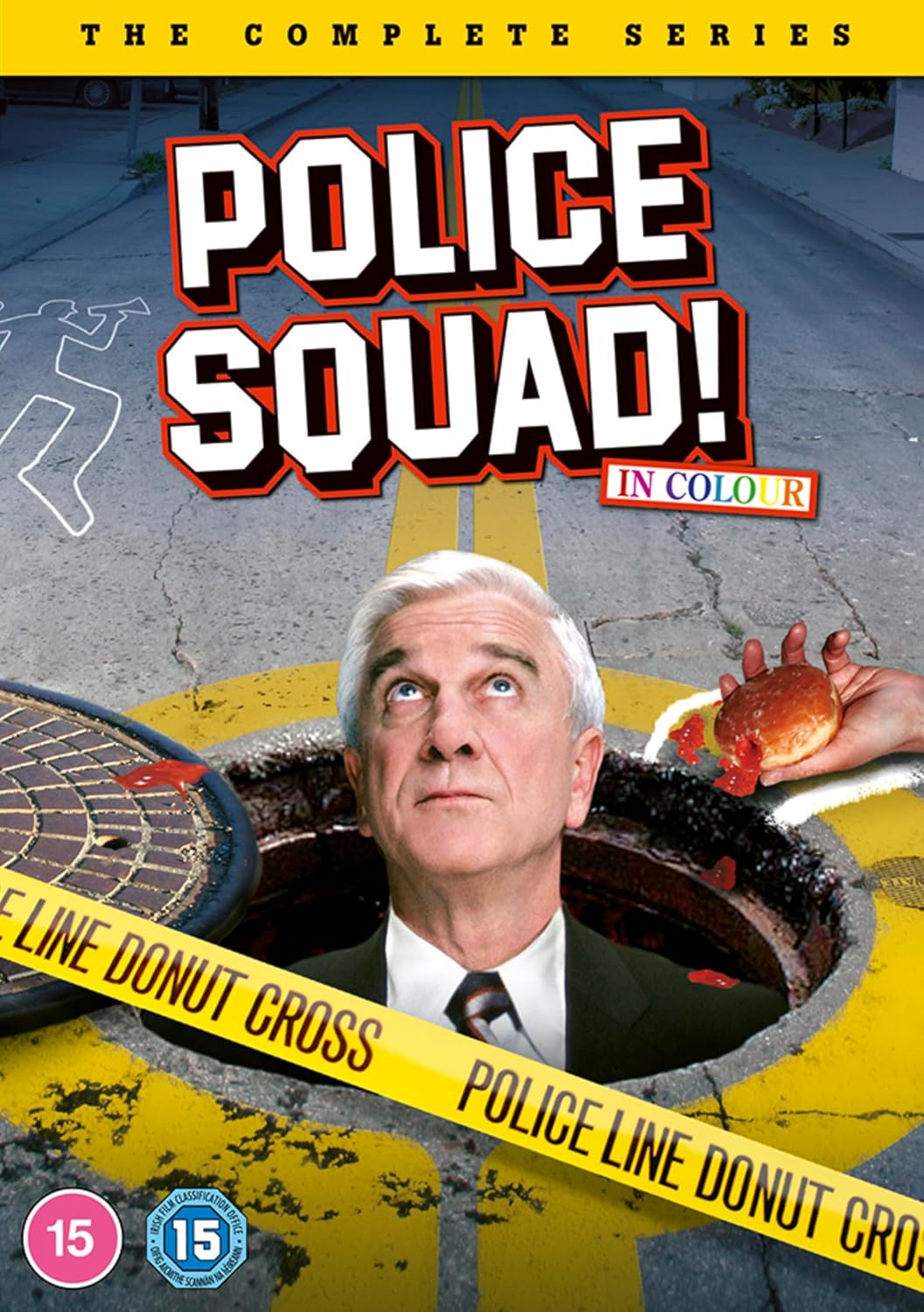 DVD cover for Police Squad featuring Leslie Nielsen emerging from a manhole with a donut.