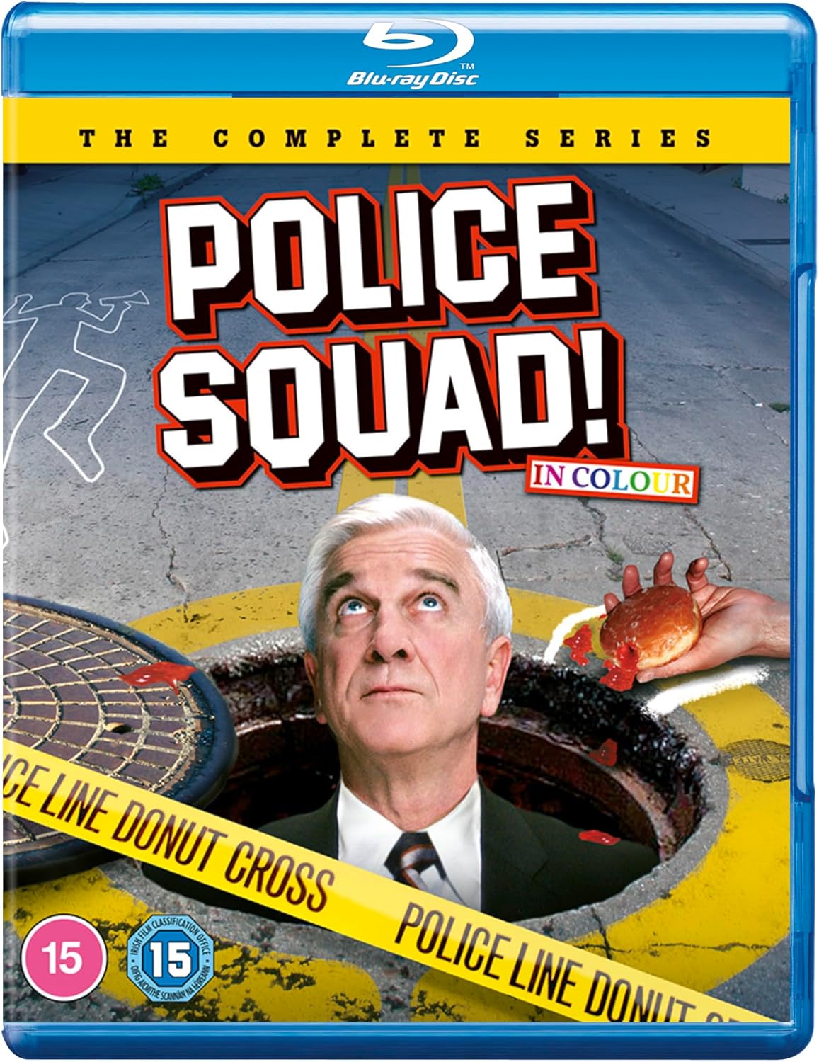Blu-ray cover for Police Squad The Complete Series featuring Leslie Nielsen in a manhole.