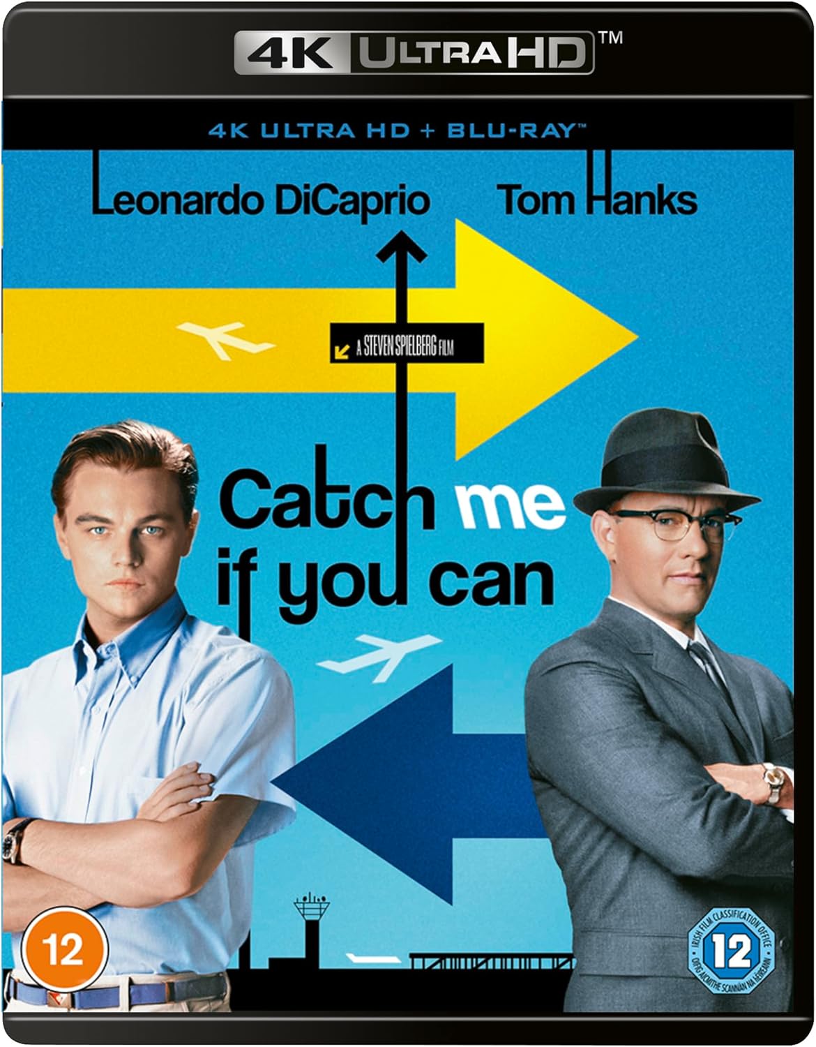 “Catch Me If You Can” UHD Blu-ray cover with DiCaprio, Hanks, and airplanes.
