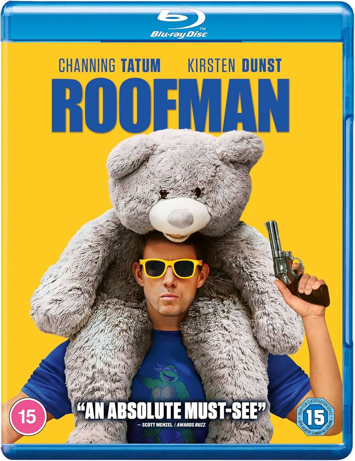ROOFMAN" Blu-ray cover featuring Channing Tatum in bear costume, holding a gun.