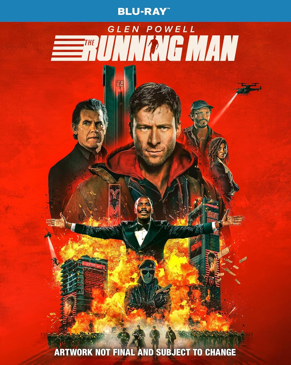 The Running Man" Blu-ray cover featuring Arnold Schwarzenegger and a dystopian cityscape.