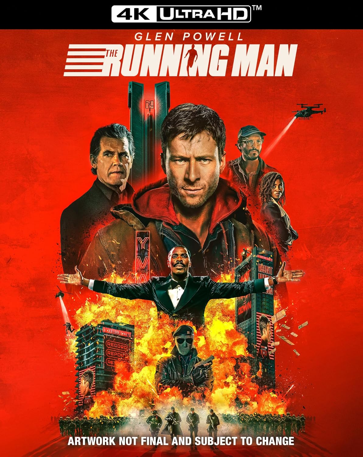 “The Running Man” UHD Blu-ray cover featuring Arnold Schwarzenegger and a dystopian cityscape.