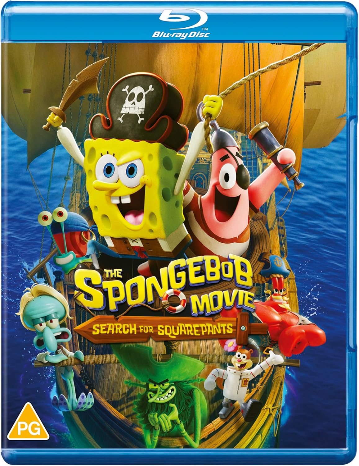 SpongeBob and friends as pirates on a ship, Blu-ray cover art.