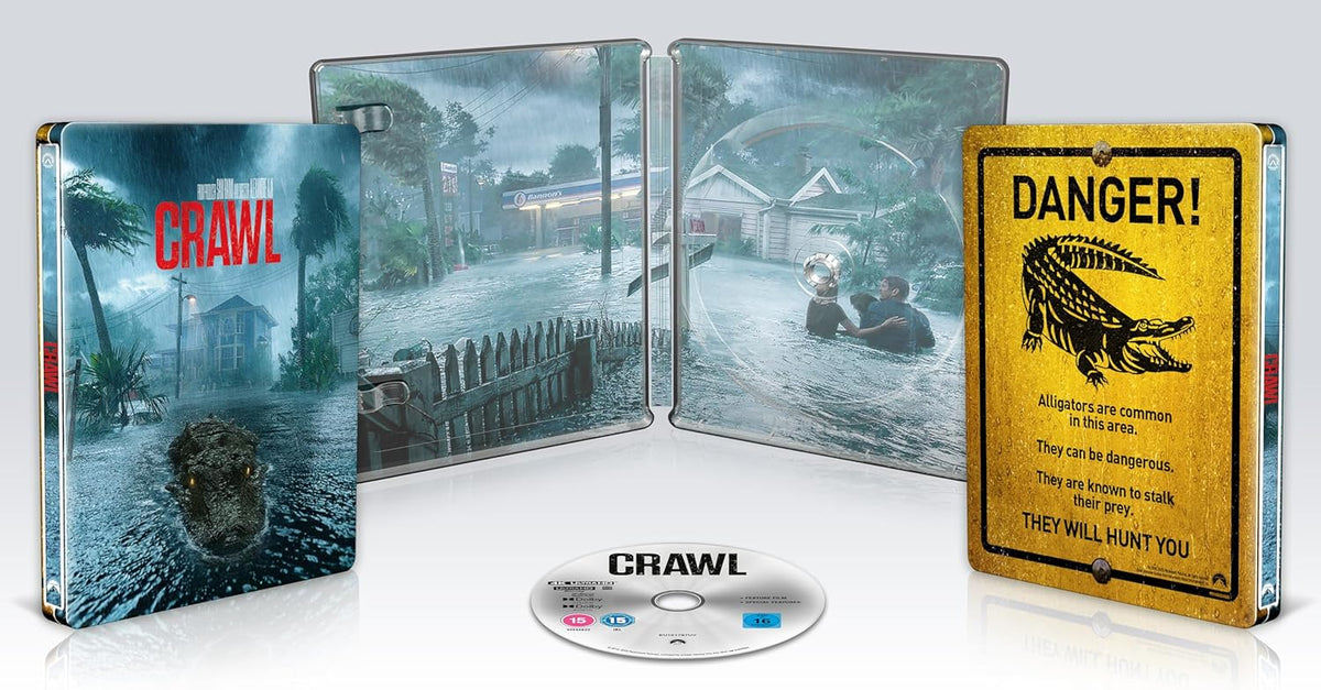SteelBook Blu-ray cover for the horror film *Crawl*, featuring alligators and floodwaters.