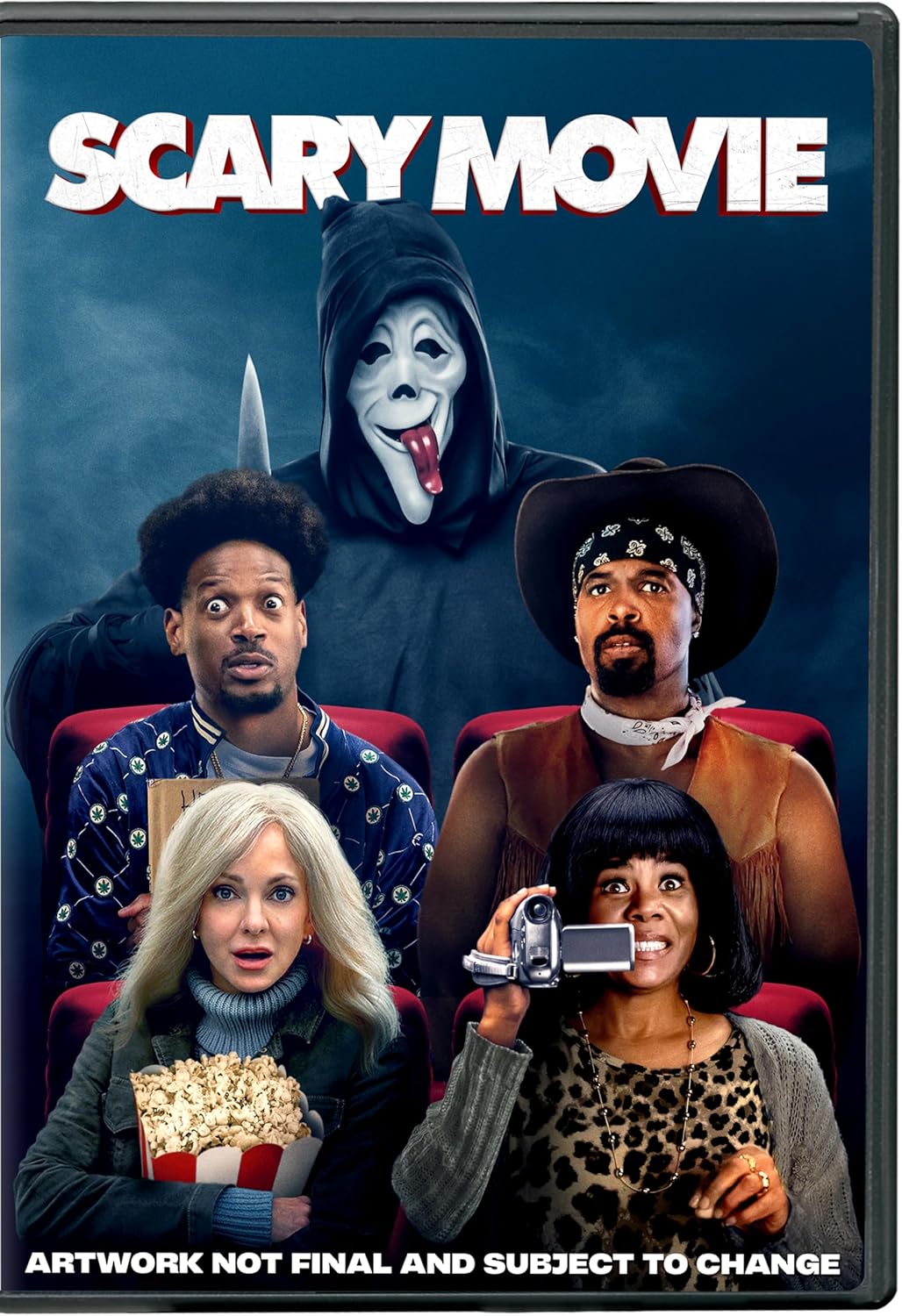 Scary Movie" (2026) DVD cover featuring four surprised actors and a masked figure.
