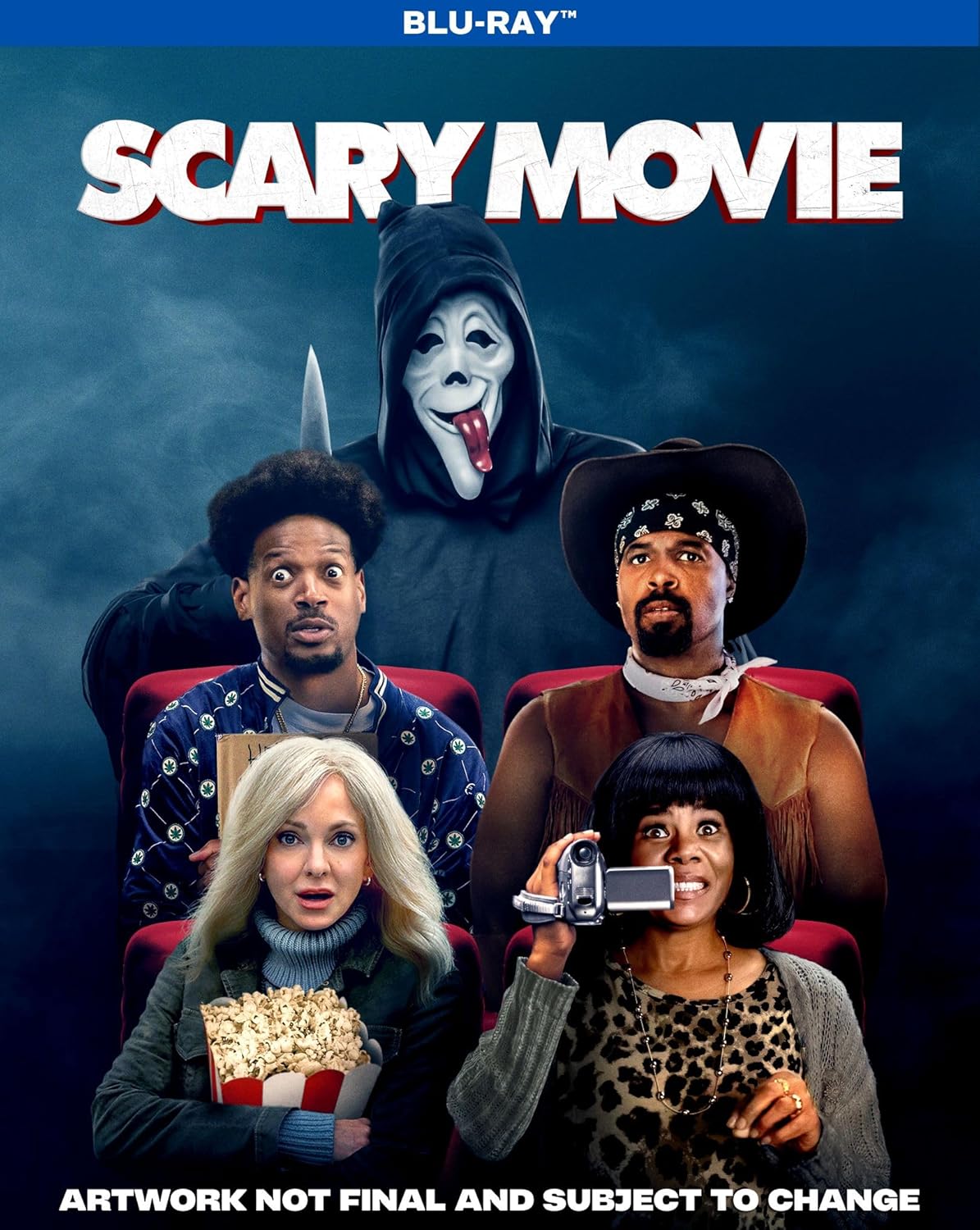 Scary Movie" (2026) Blu-ray cover with characters and a Ghostface mask.