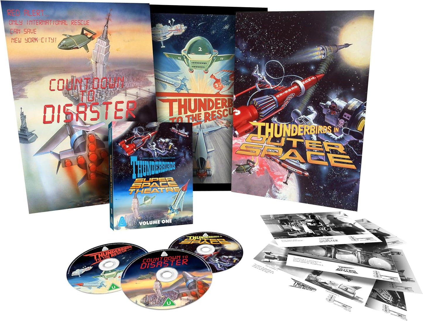 Thunderbirds Super Space Theatre Blu-ray set with posters, discs, and black-and-white art cards.
