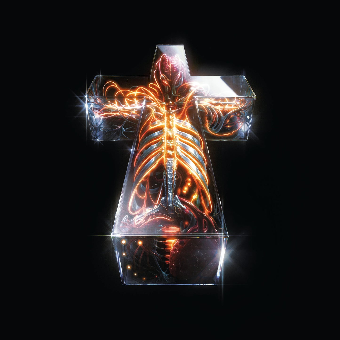 Glowingly lit, skeletal form within a translucent, metallic cross against black.