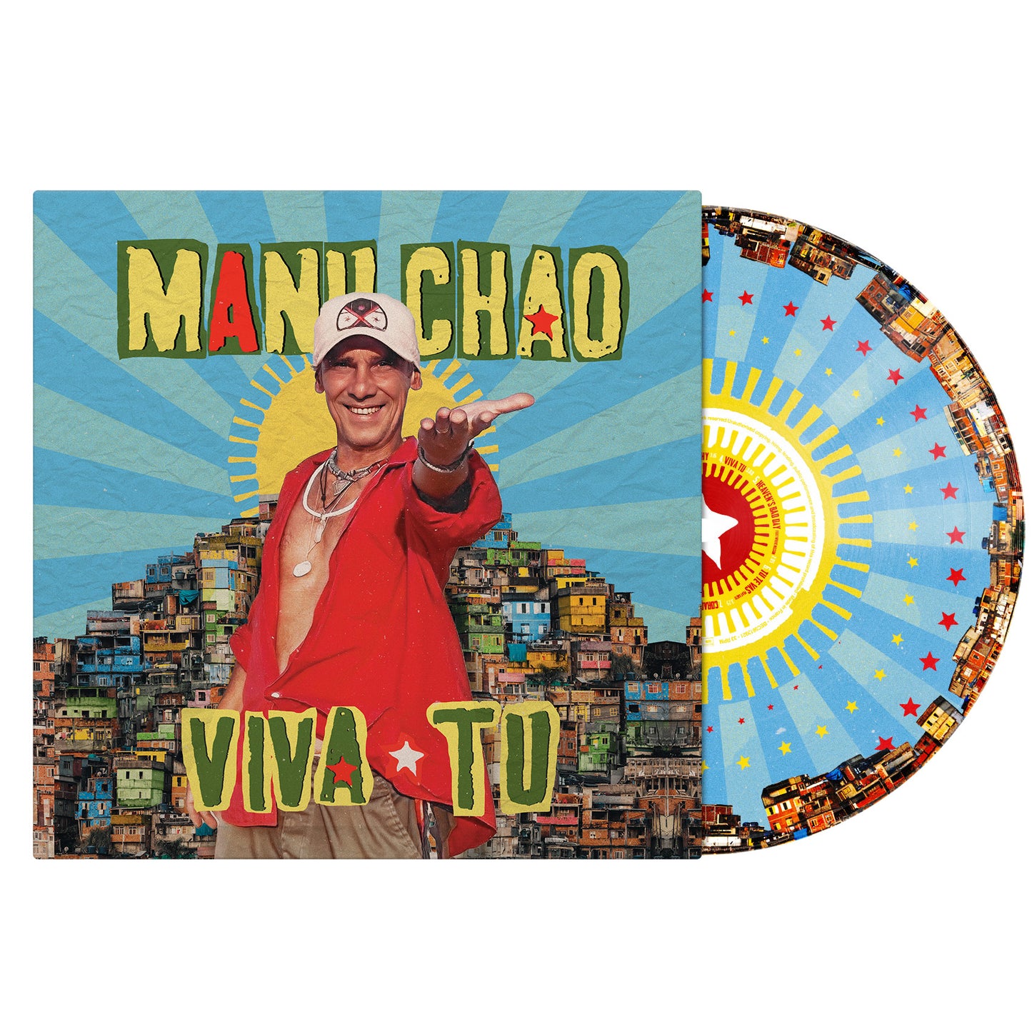 Manu Chao Viva Tu vinyl record sleeve and picture disc with city background.