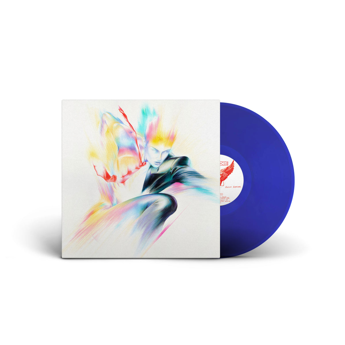 Blue vinyl LP with cover art depicting a stylized figure in motion.