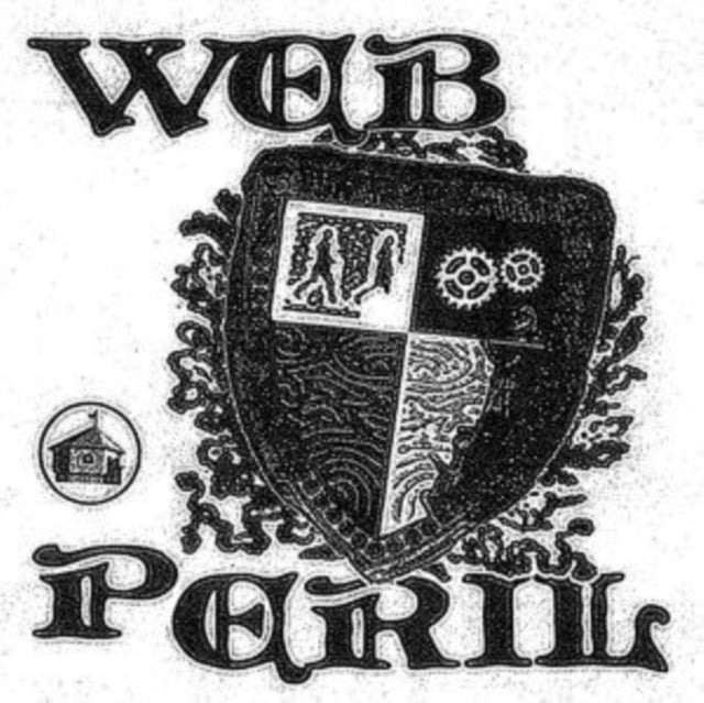 Black and white crest design with figures, gears, and a building.