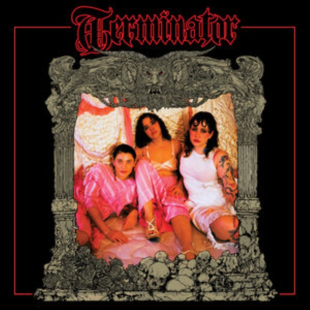 Three women in pink loungewear framed by ornate skulls and gothic text.