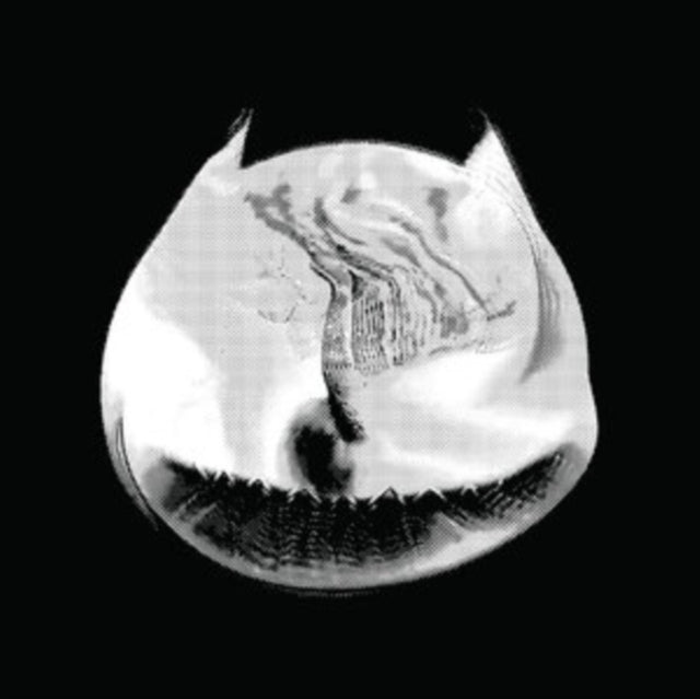 Black and white distorted face with a wide, unsettling grin.
