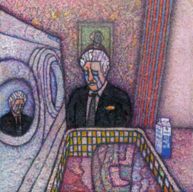Pointillist portrait of a man in a suit with a milk carton.