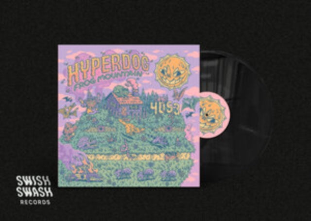 Vinyl record cover with illustrated frog-shaped mountain and sun design.