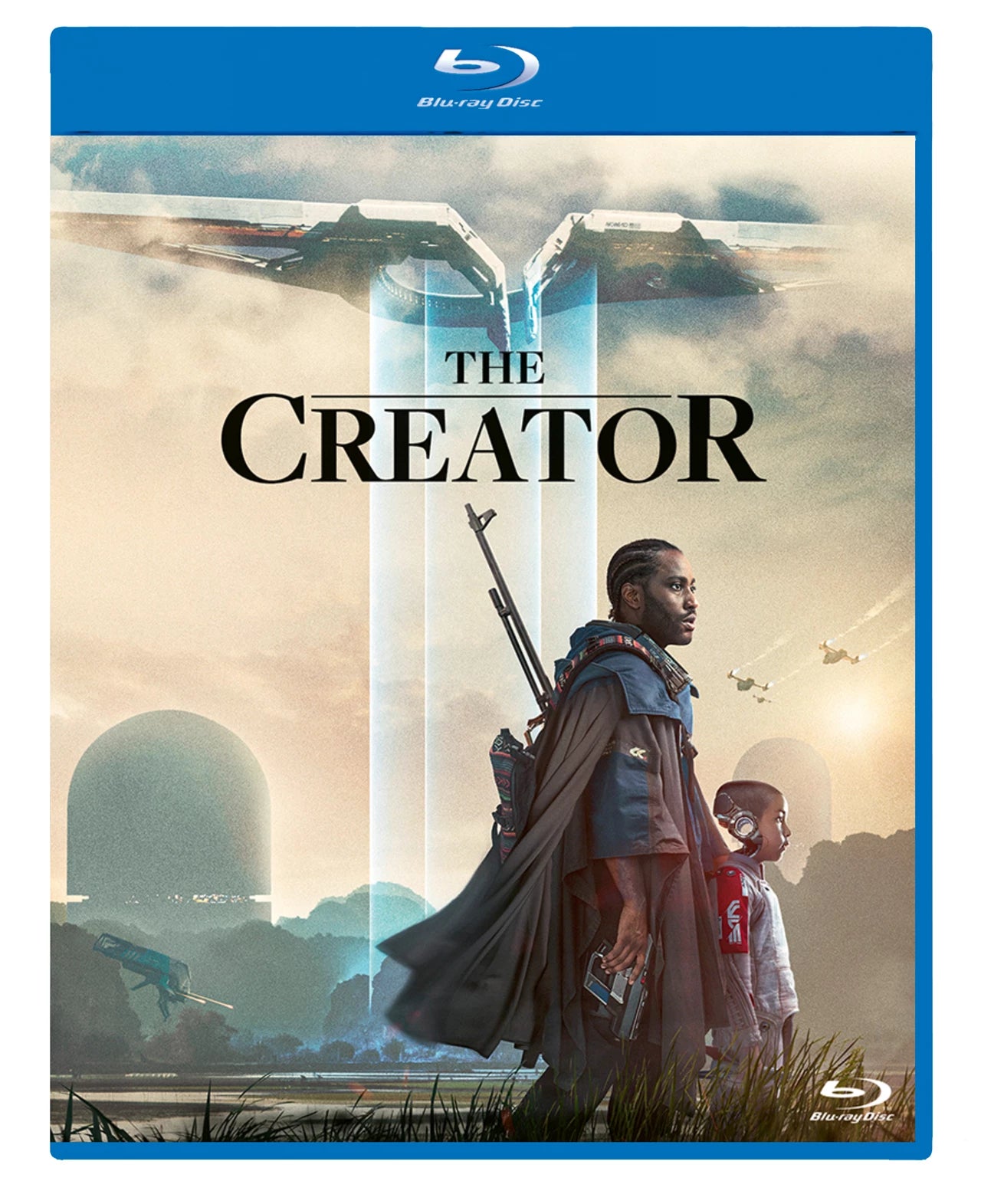 Blu-ray cover for "The Creator" featuring two figures and futuristic vehicles.