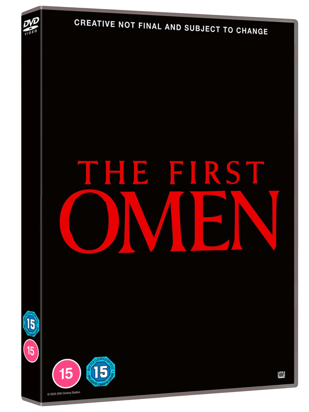 Black DVD cover with red text reading "The First Omen" and age ratings.