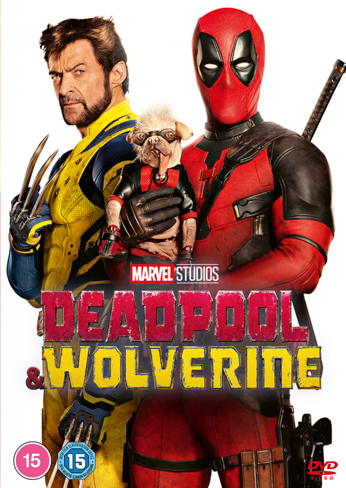 Wolverine, Deadpool, and Dogpool stand together on the Deadpool & Wolverine movie DVD cover.