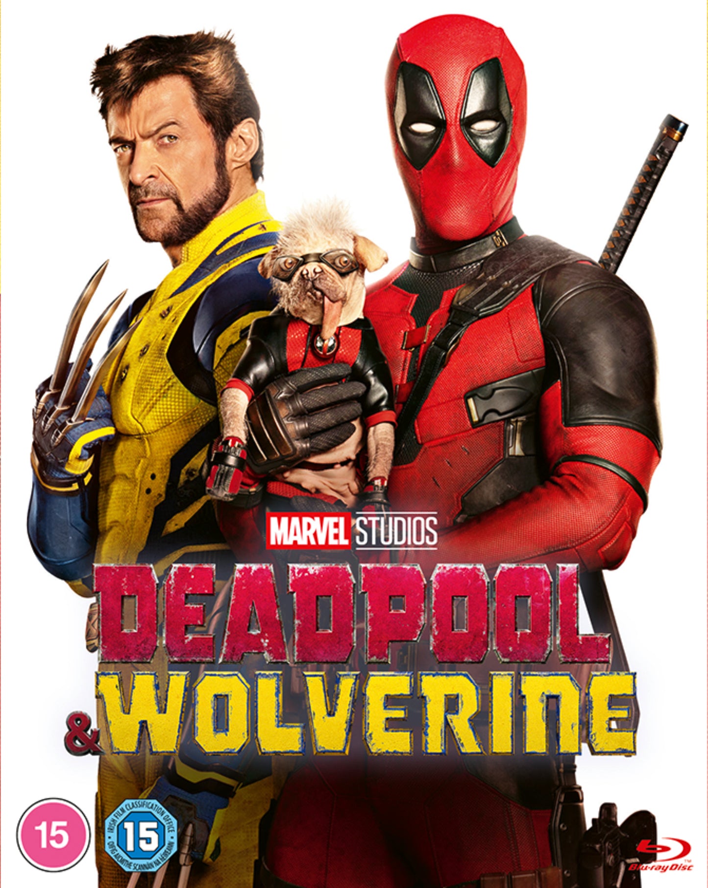 Deadpool and Wolverine movie poster with a small dog, Blu-ray edition.