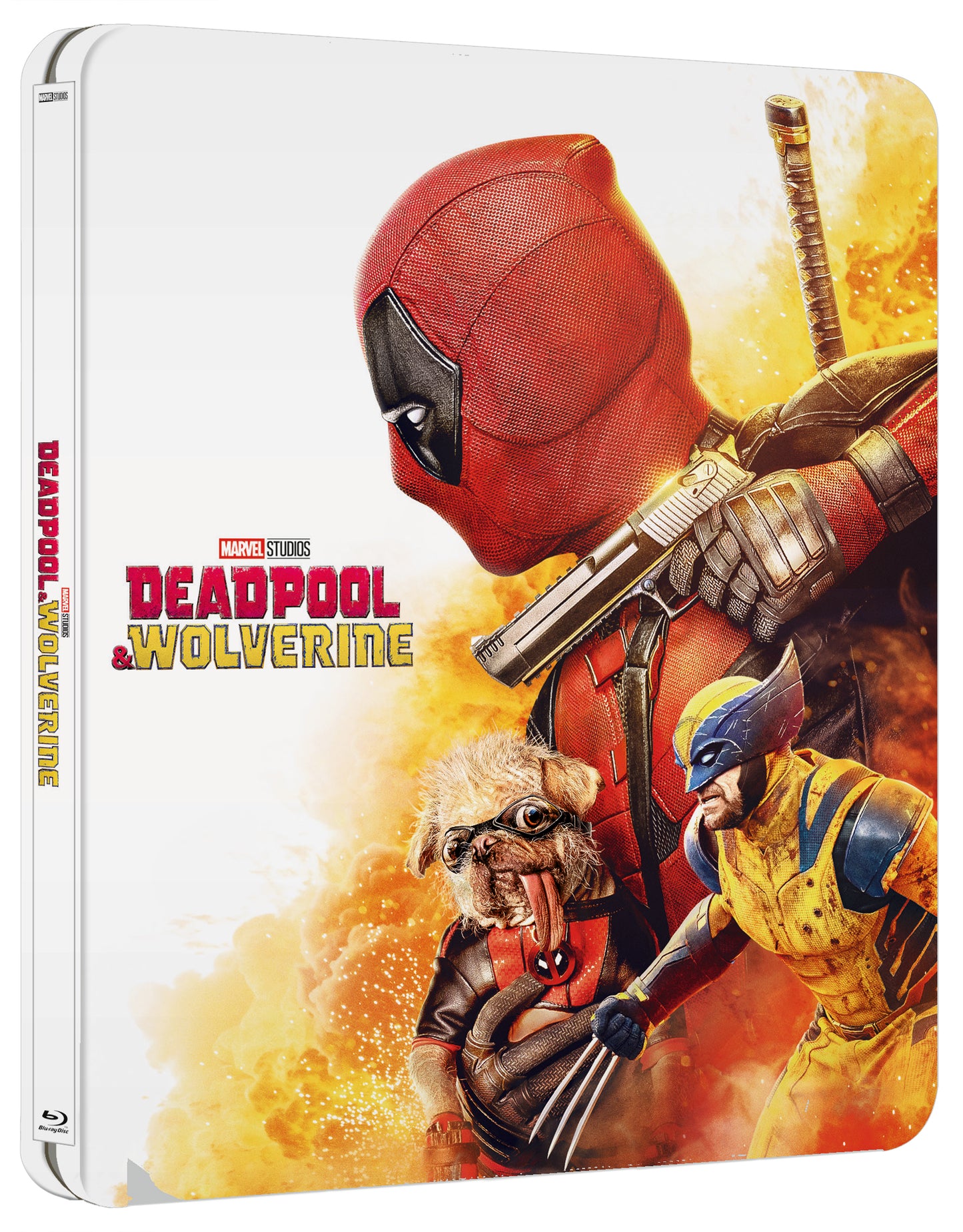 Deadpool & Wolverine Blu-ray steelbook cover featuring Deadpool, Wolverine, and Dogpool.