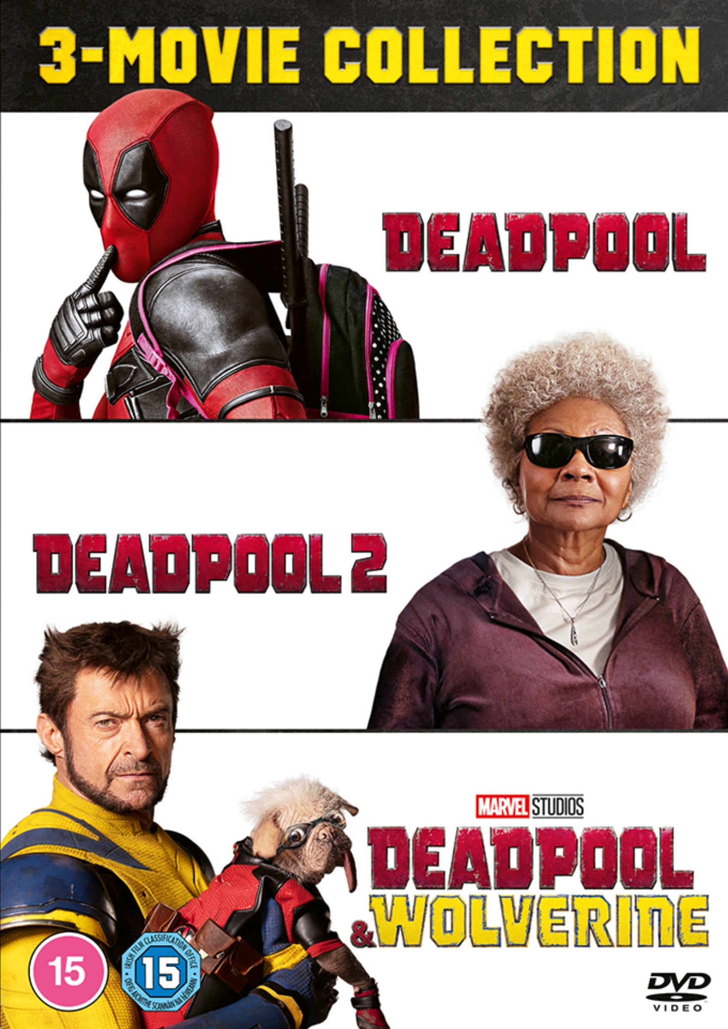DVD cover featuring Deadpool, Wolverine, and other characters from the film series.
