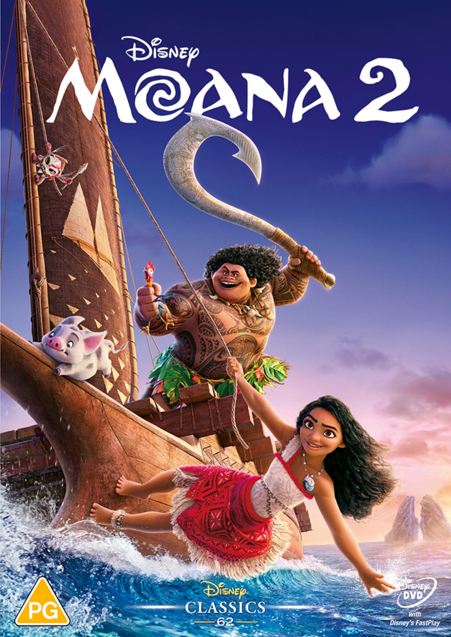 Moana 2 DVD cover featuring Moana, Maui, and Hei Hei on a boat.