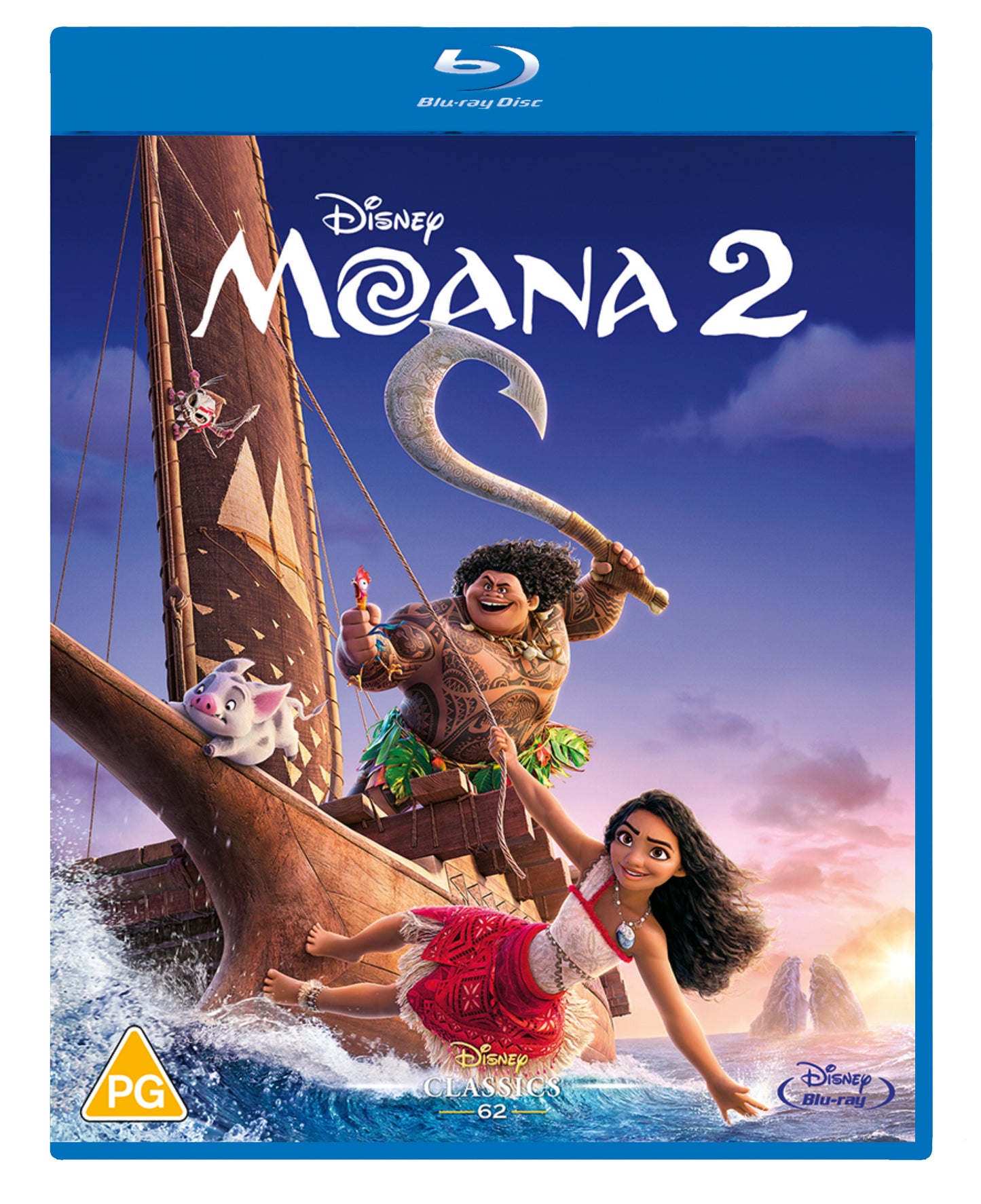 Moana 2 Blu-ray cover featuring Moana, Maui, and a sailing canoe.