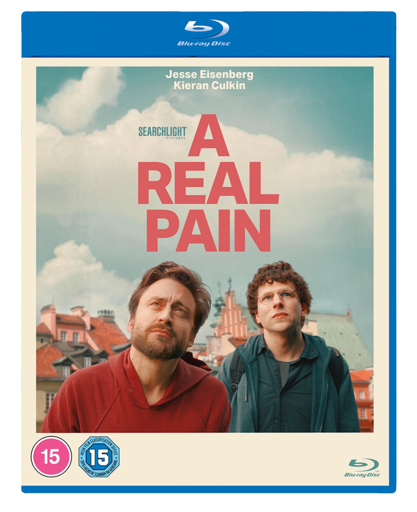 Blu-ray cover for A Real Pain featuring Jesse Eisenberg and Kieran Culkin looking up.