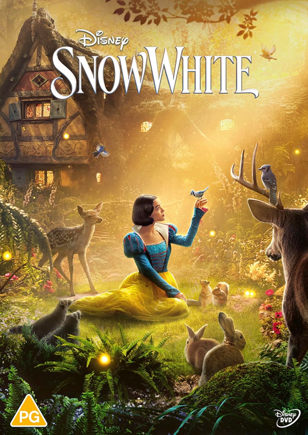 Snow White with woodland creatures, DVD cover art.