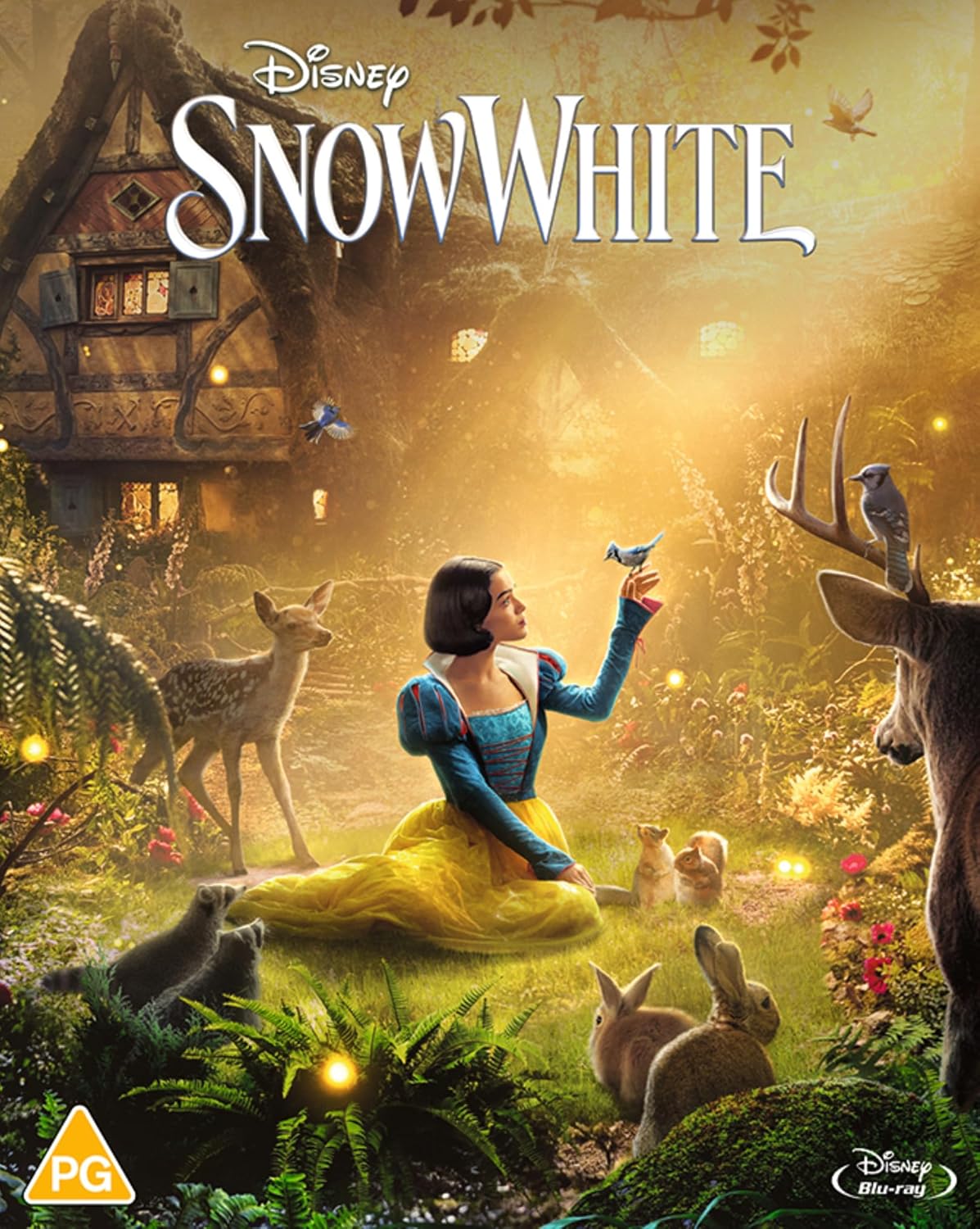 Snow White surrounded by forest animals, fairytale cottage in background.