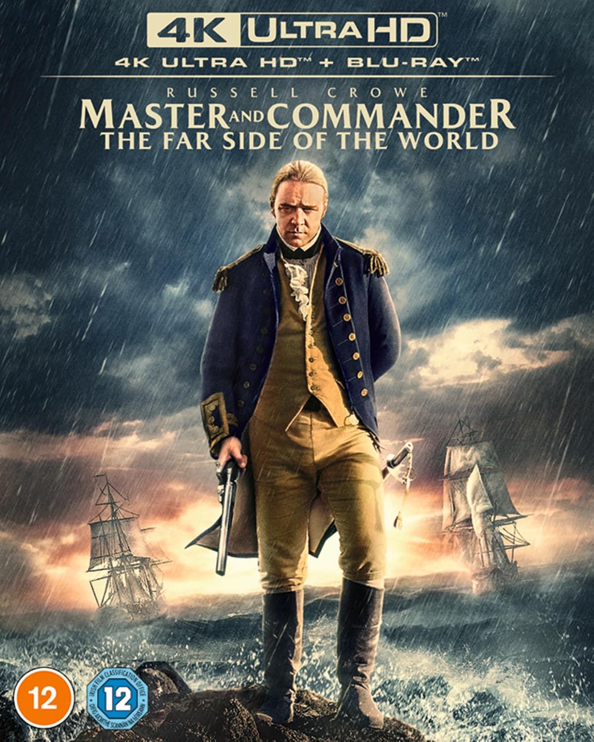 Movie cover for “Master and Commander” featuring Russell Crowe in naval uniform.