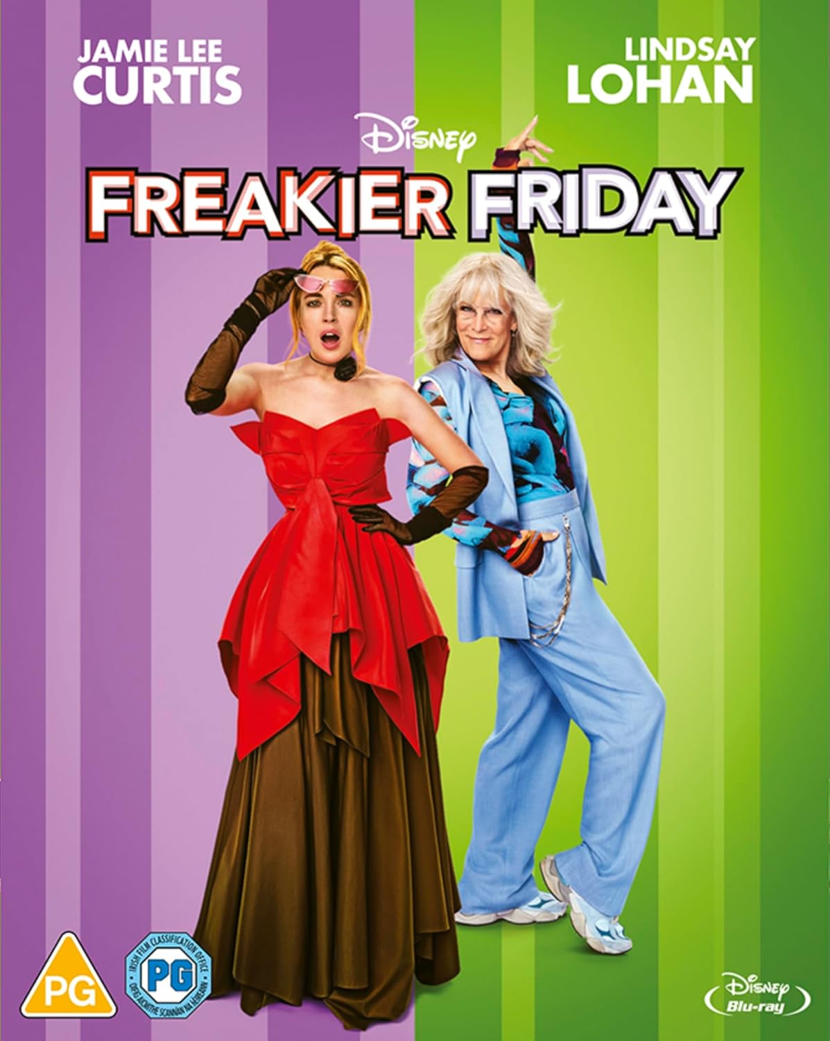 Jamie Lee Curtis and Lindsay Lohan pose on a purple and green striped background.